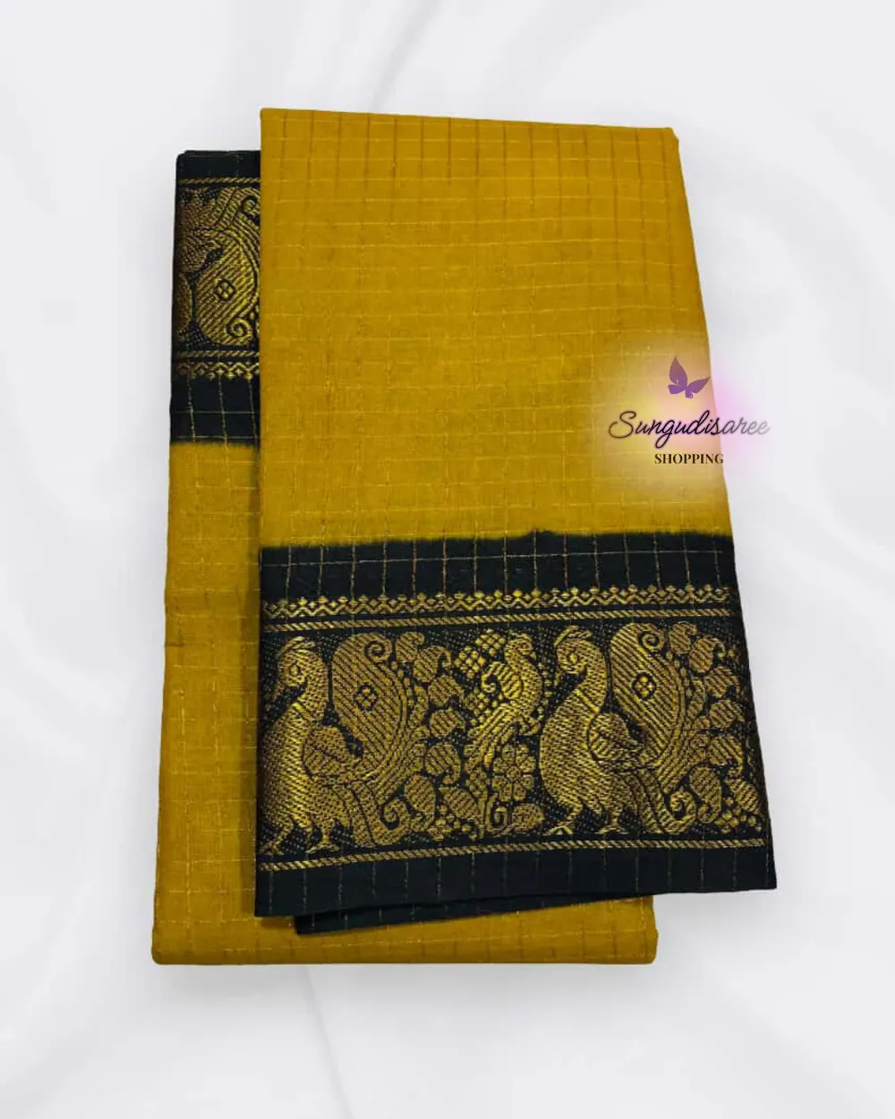 Mustard with black zari kattam saree
